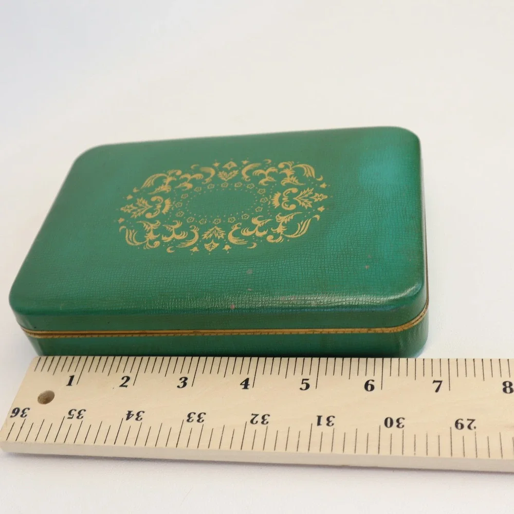 Farrington Vintage Jewelry Box Green Texol Gold Filigree Mid Century Trinket